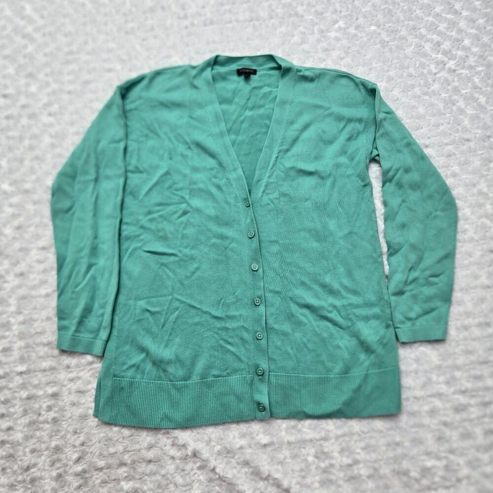 Talbots Sweater Womens M Green V-Neck Long Sleeve Side Slits Ribbed Trim